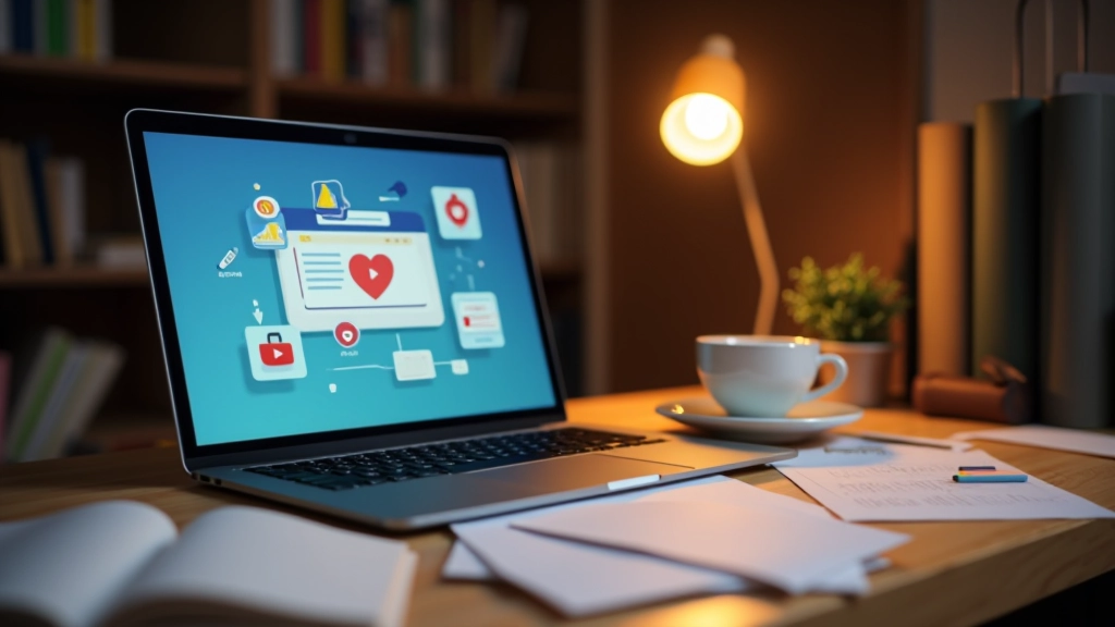 Darbstacija ar datorā atvērtu tiešsaistes kursu, piezīmēm un motivācijas stīkeri uz monitora