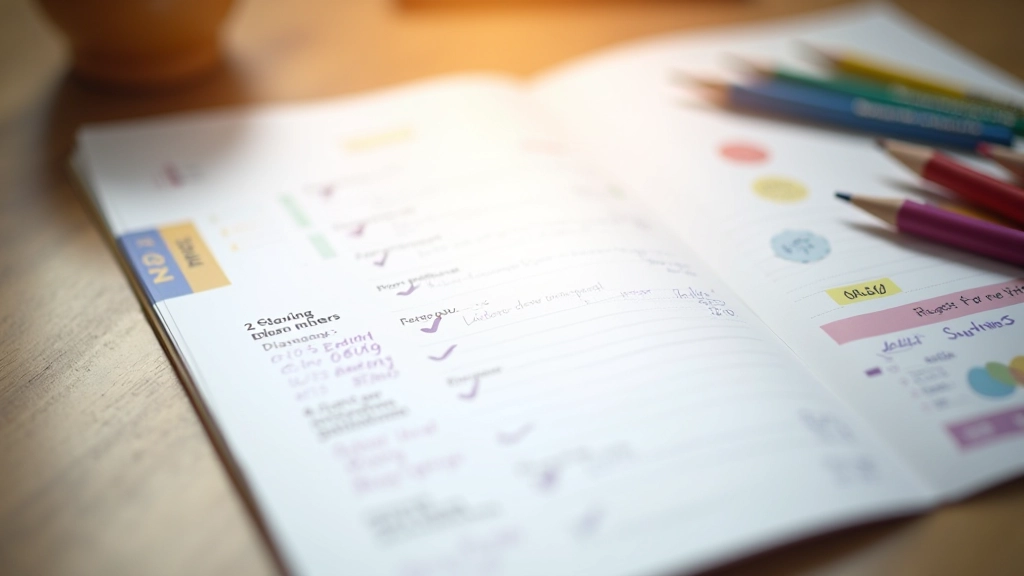 Personiski planošanas kalendārs ar atzīmētām dienām, nozīmēm un progresa skalām