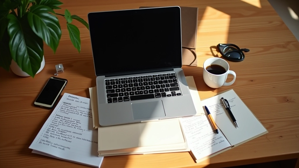 Klēpjdators uz mājasdarbu galda ar piezīmju bloksnīti un kafijas krūzi blakus