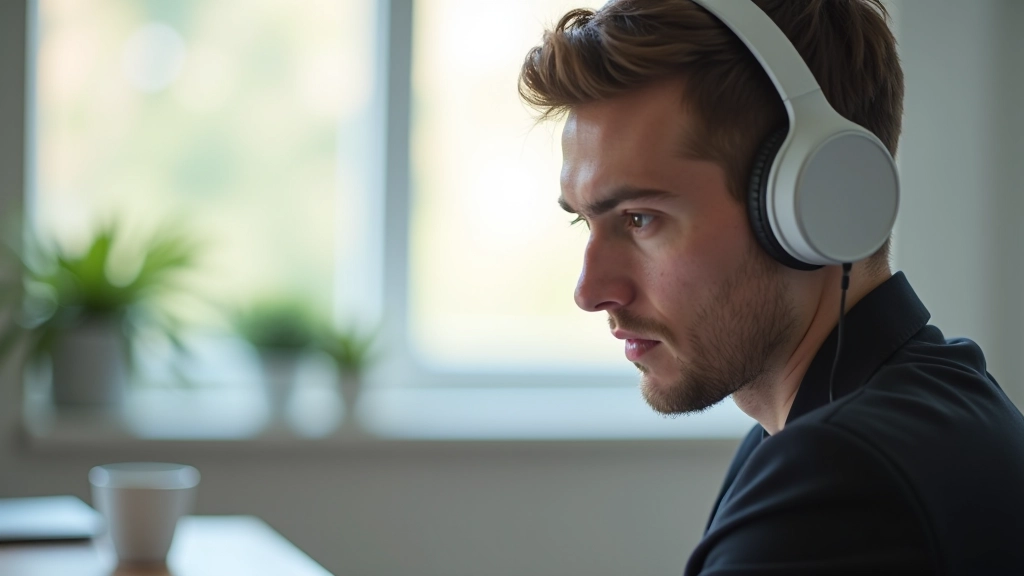 Persona, kas skatās skaidri uz ekrānu ar koncentrētu izpausmi, izņemot klausules ausīs