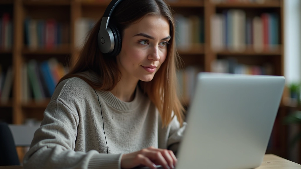 Sieviete skaļas austiņas studē pie klēpjdatora, mājasdarbu telpa ar grāmatām fonā