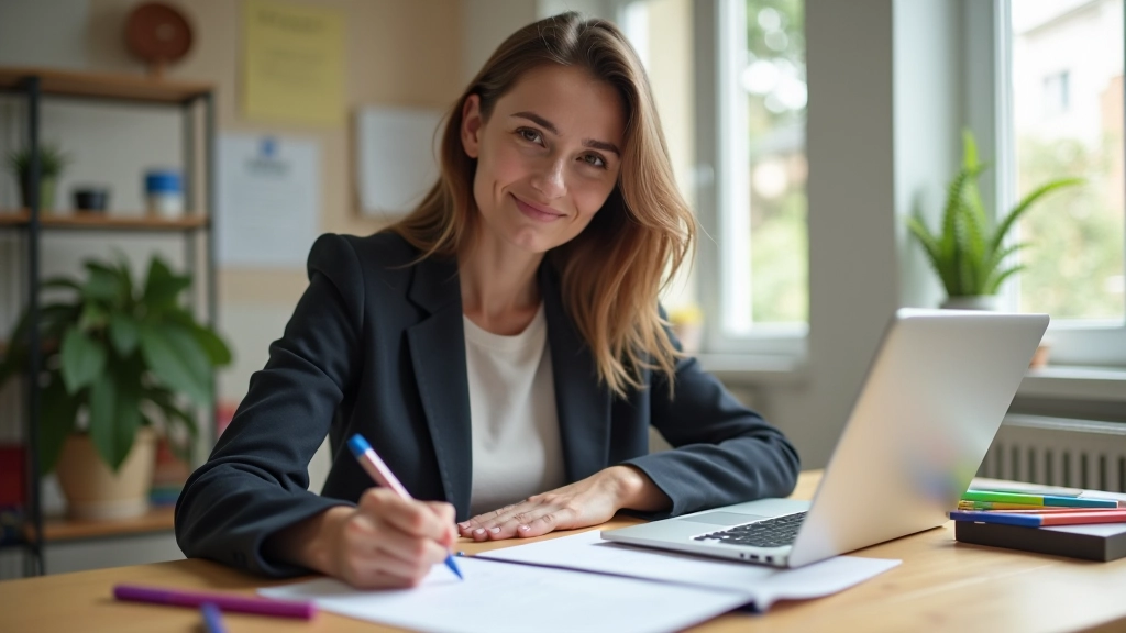 Persona raksturo sava mācību plānu datorā ar krāsainiem marķieriem un piezīmju papīriem