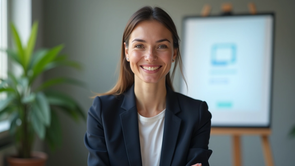 Sieviete smaida, skatoties uz skaidrojošu diagrammu uz tāfeles tiešsaistes sesijā